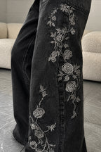 Floral Vine Embroidered Wide Leg Jeans