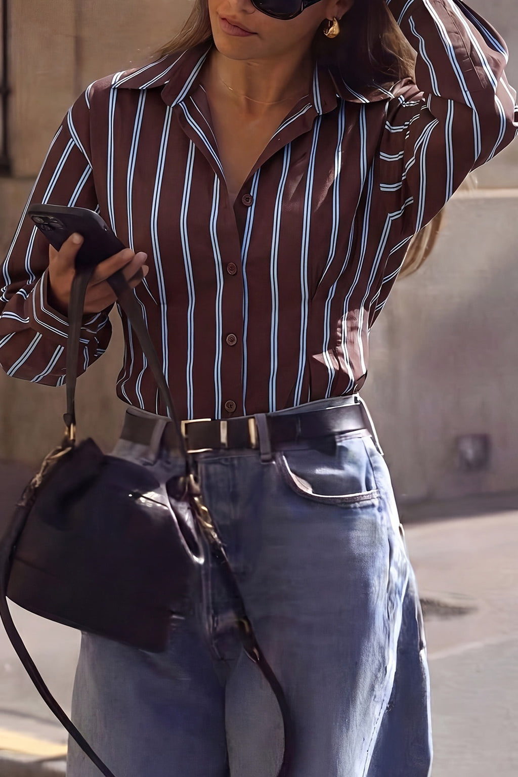 Vertical Stripe Fitted Long Sleeve Button Blouse