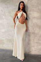 Pearl Draped Halter Cutout Backless Party Dress