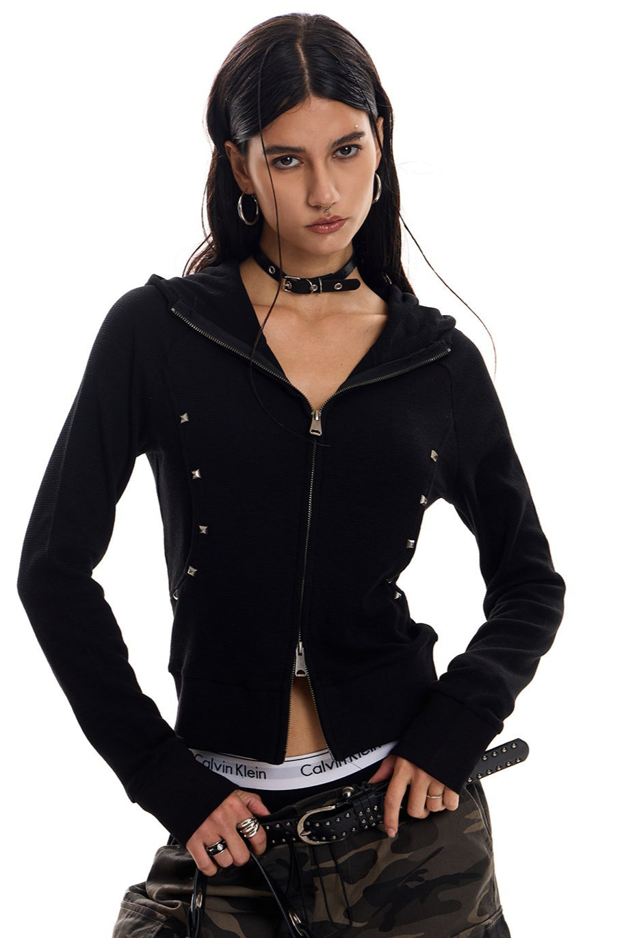 Rivet Trim Fitted Zip Up Hoodie Secondary image