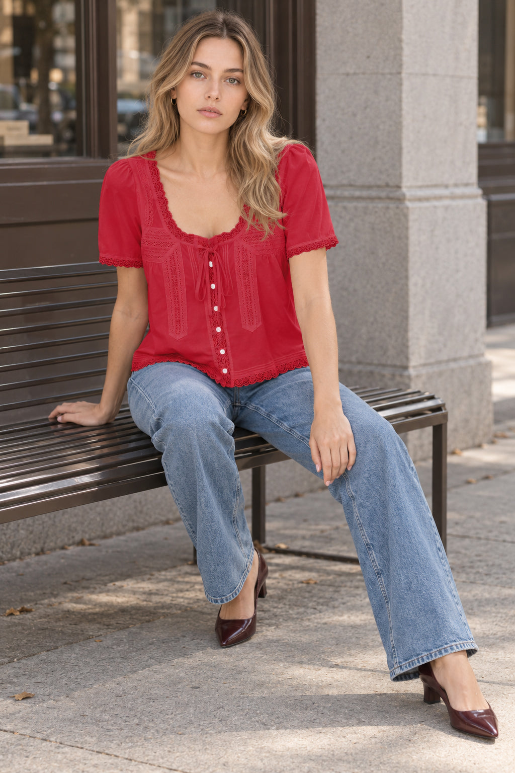 Lace Trimmed Tie Front Blouse