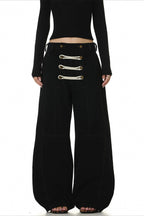 Black Double Button Deconstructed Wide Leg Pants