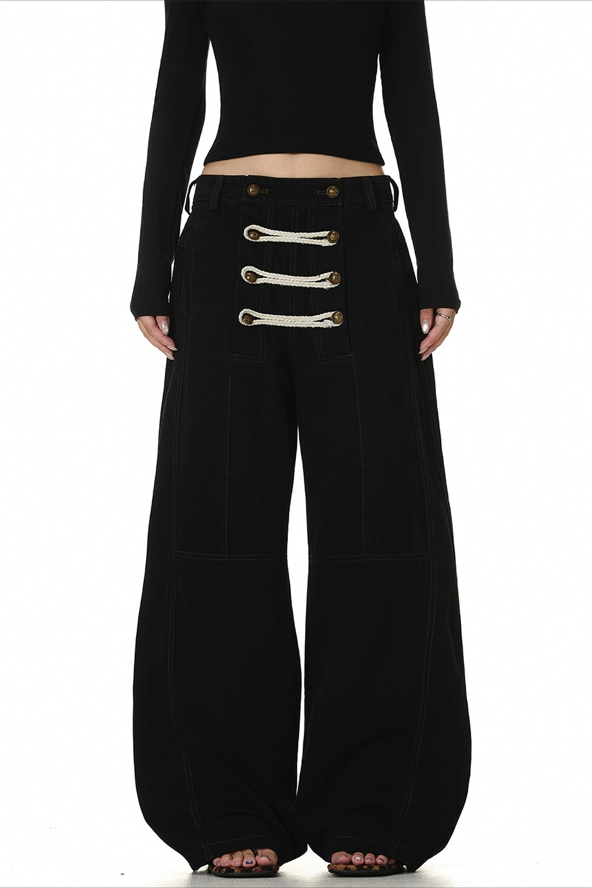 Black Double Button Deconstructed Wide Leg Pants