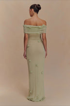 Floral Applique Off Shoulder Knit Maxi Dress