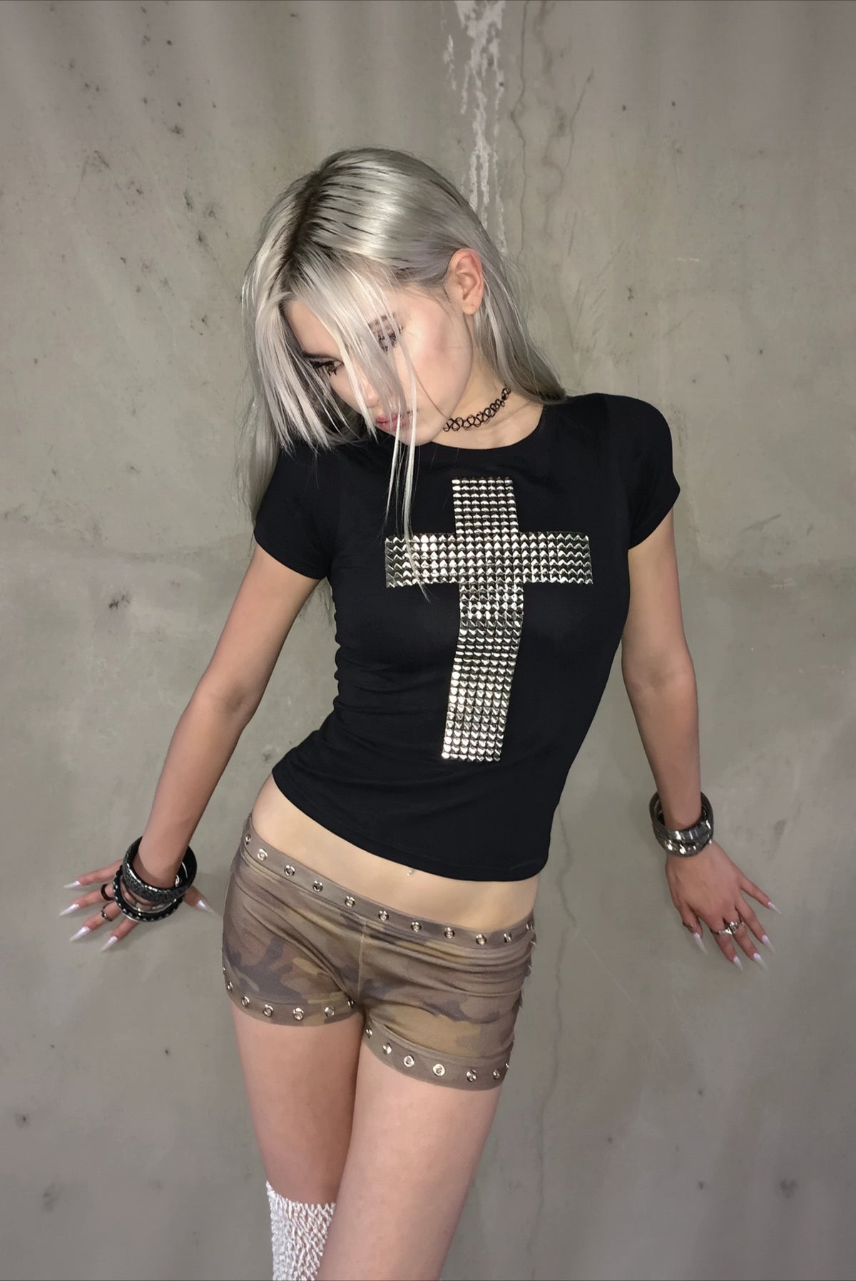 Rhinestone Cross Gothic Fitted T-Shirt