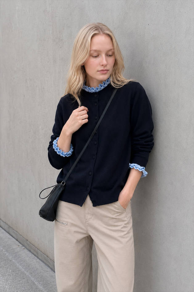 Ruffle Trim Contrast Cardigan