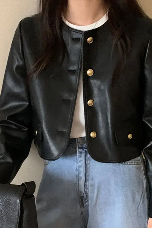 Retro O-Neck PU Leather Jacket Main image