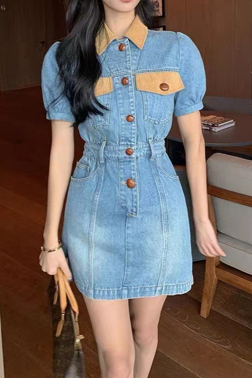 Color Block Waist Cinch Denim Dress Main image