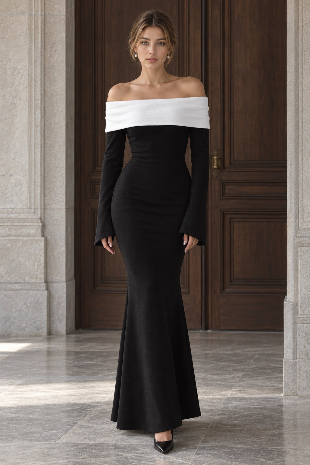 Colorblock Off Shoulder Bodycon Maxi Dress