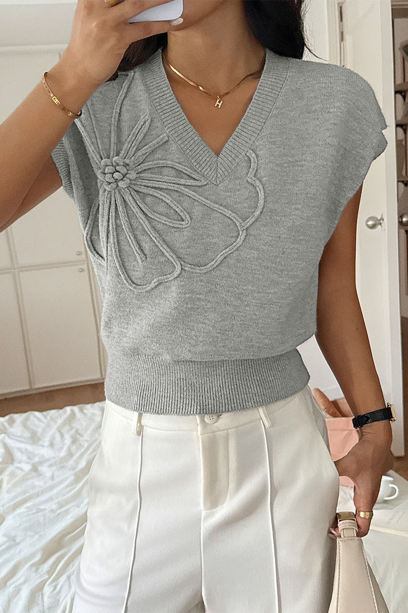 Deep V Solid Knit Short Sleeve Sweater Main image