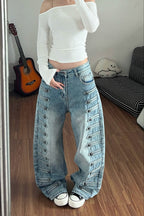 Military Button Wide Leg Barrel Jeans