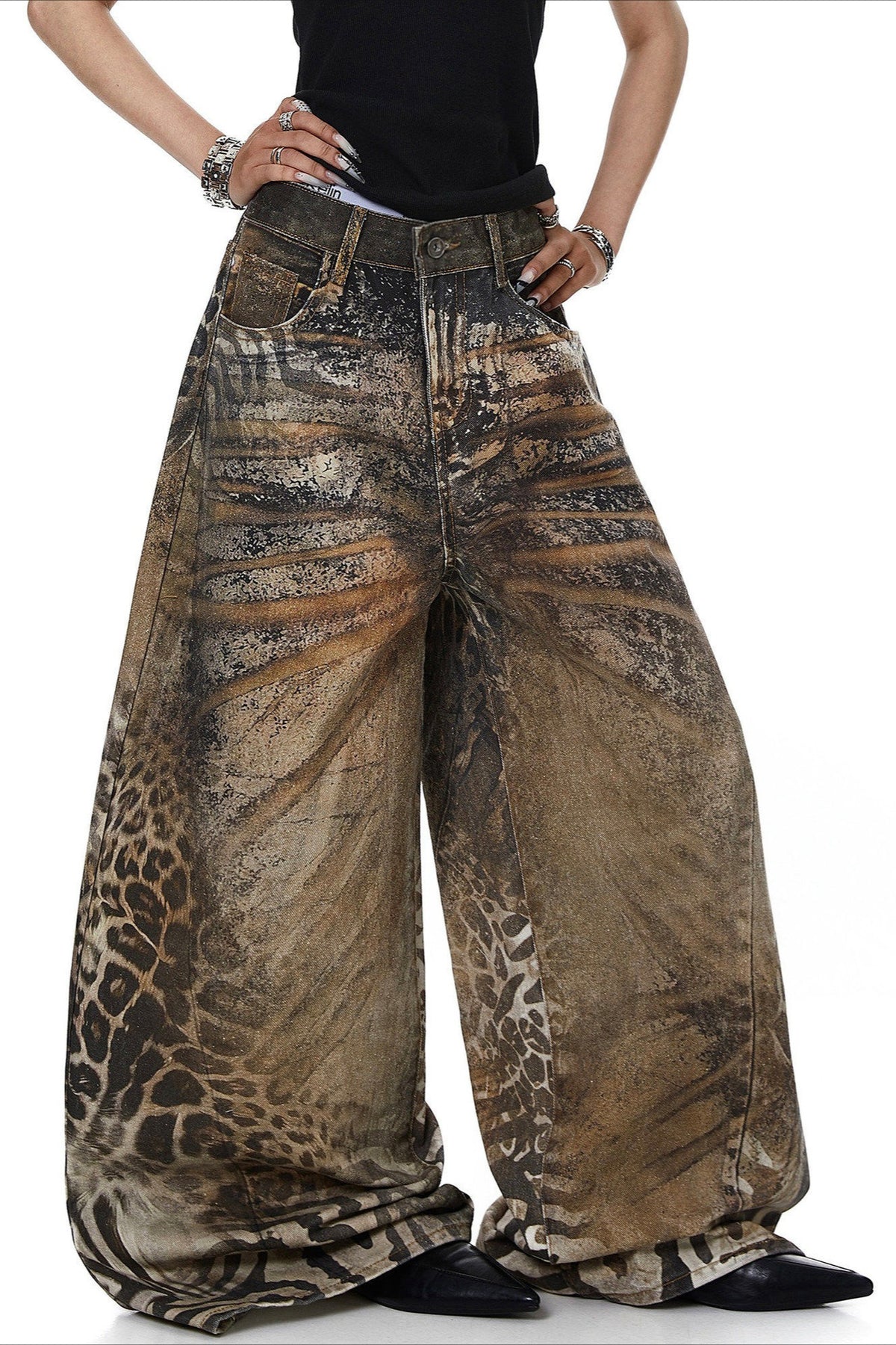 Leopard 3D Print Barrel Leg Jeans