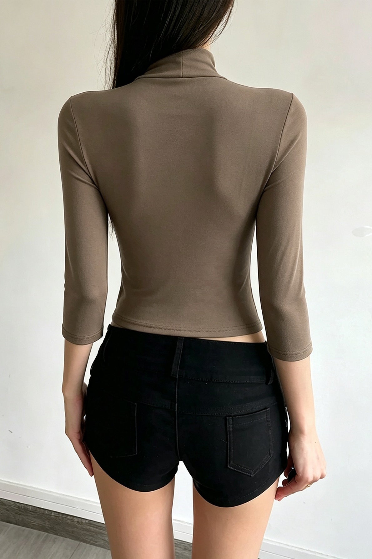 Button Bar High Neck Three Quarter Sleeve T-Shirt