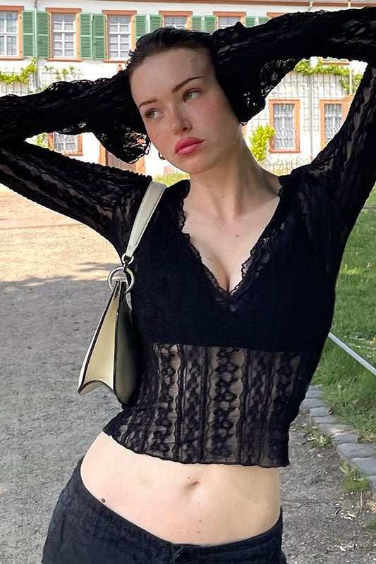 V-Neck Long Sleeve Lace Trim Crop Top Main image