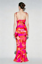 Floral Ruched Backless Tie Cami Mermaid Maxi Bodycon Dress