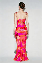 Floral Ruched Backless Tie Cami Mermaid Maxi Bodycon Dress