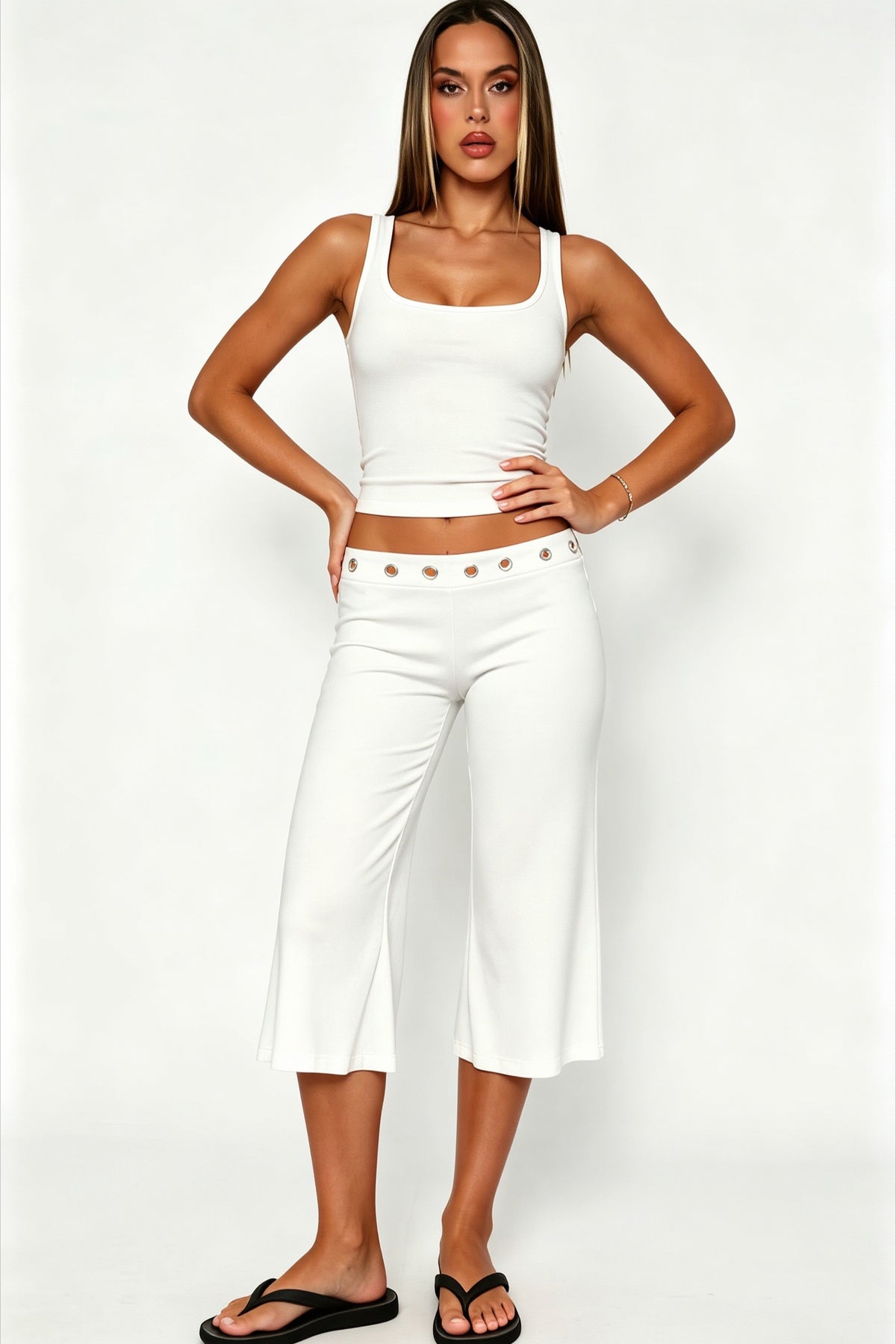 Eyelet Waist Flared Capri Pants