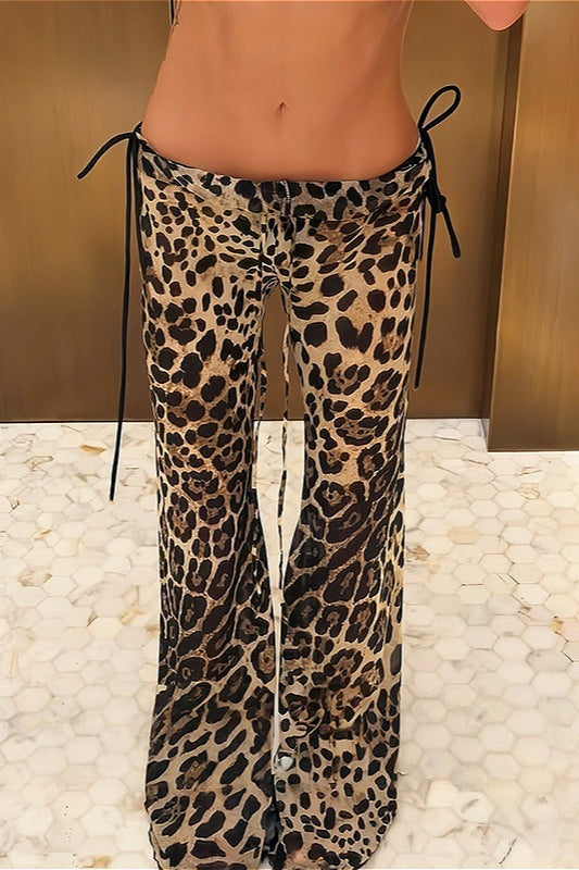 Leopard Side Tie Flared Pants