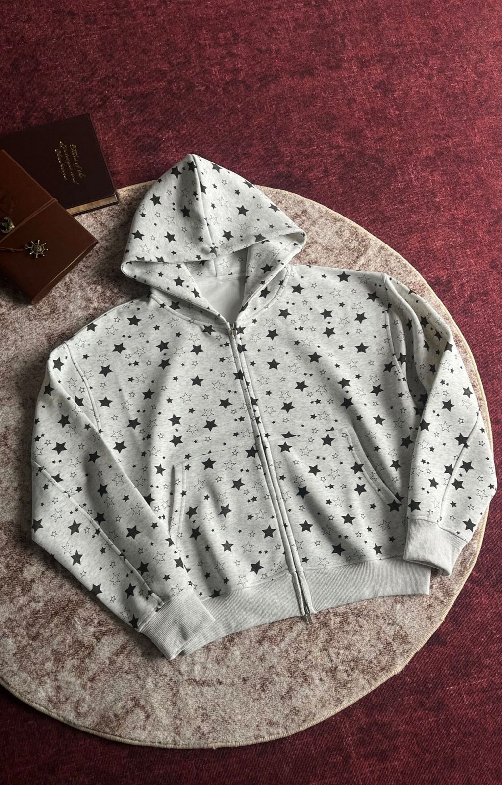 Allover Star Print Relaxed Fit Zip-Up Hoodie