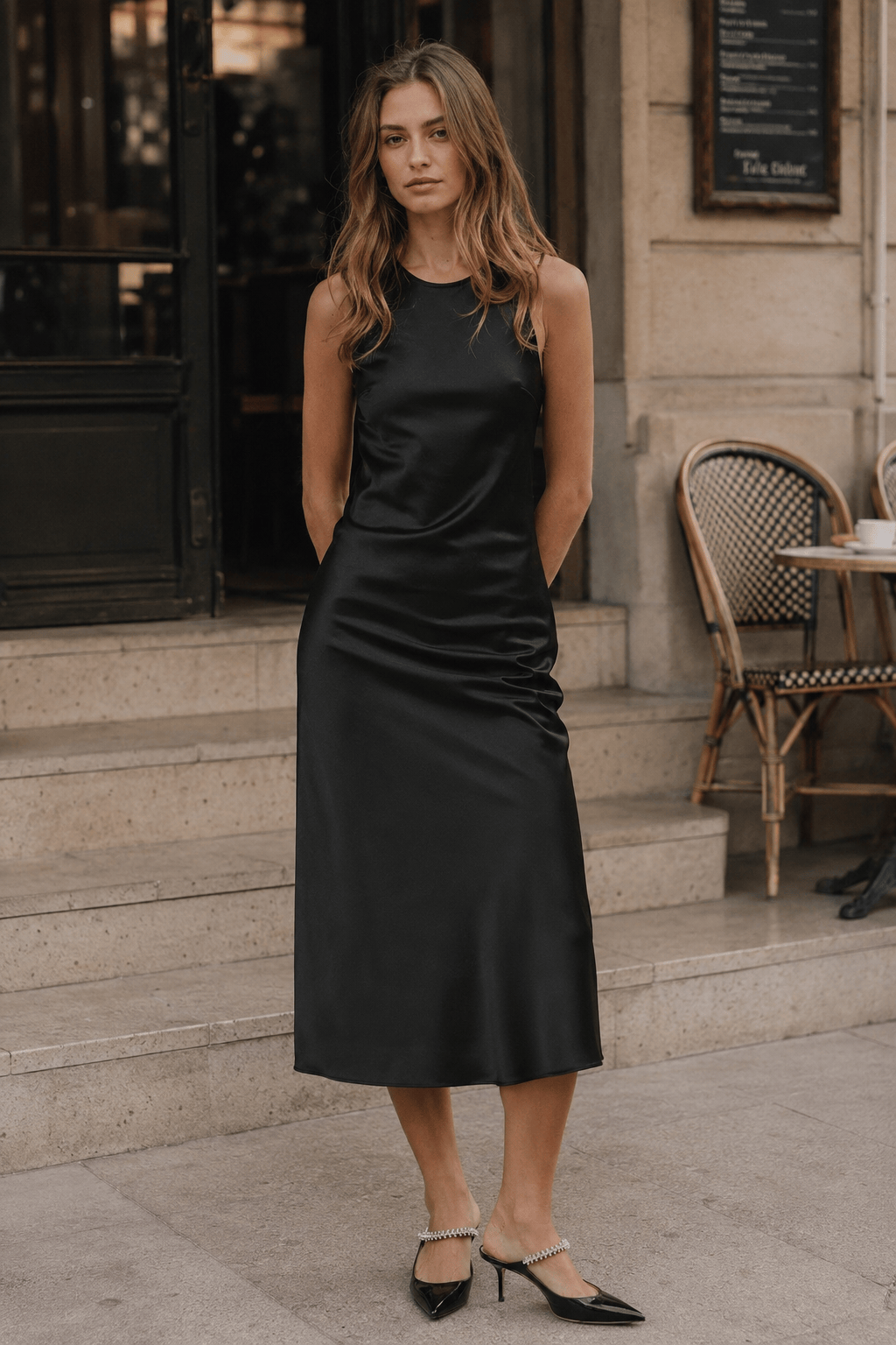 Black Satin Sleeveless Slip Dress Main image