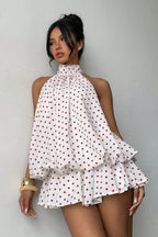 Polka Dot Halter Backless Lace-Up Flared Mini Dress
