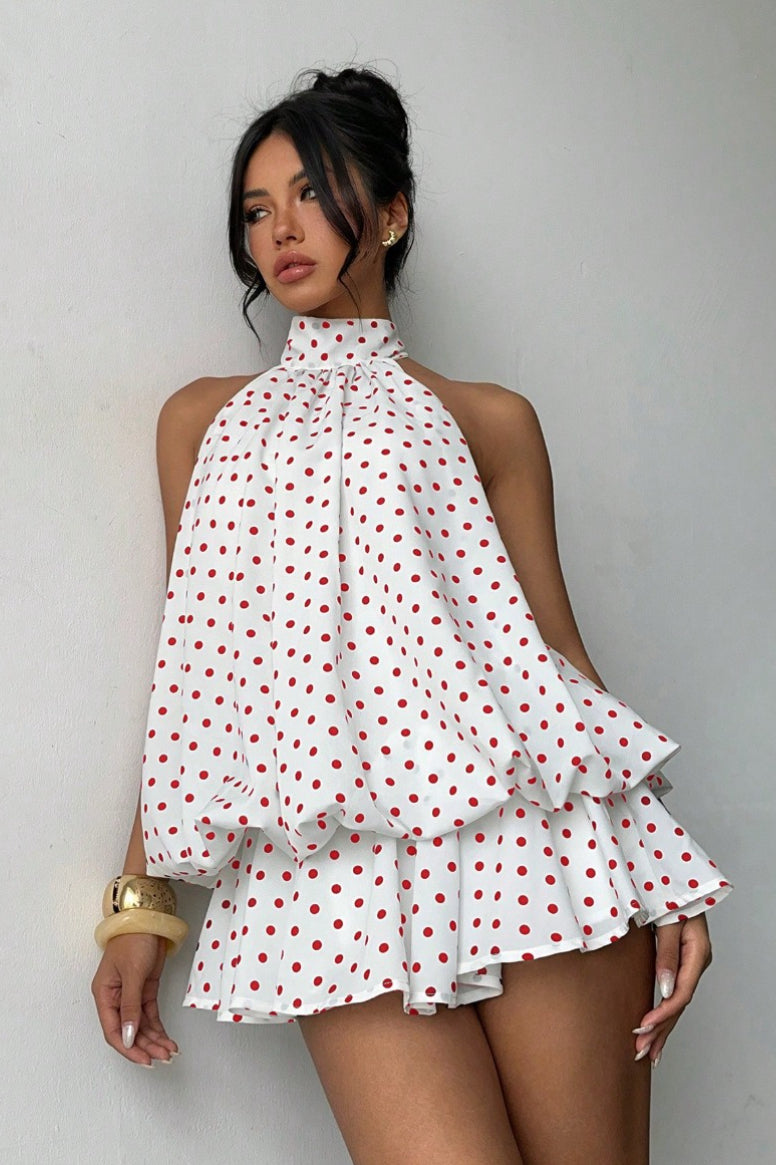 Polka Dot Halter Backless Lace-Up Flared Mini Dress