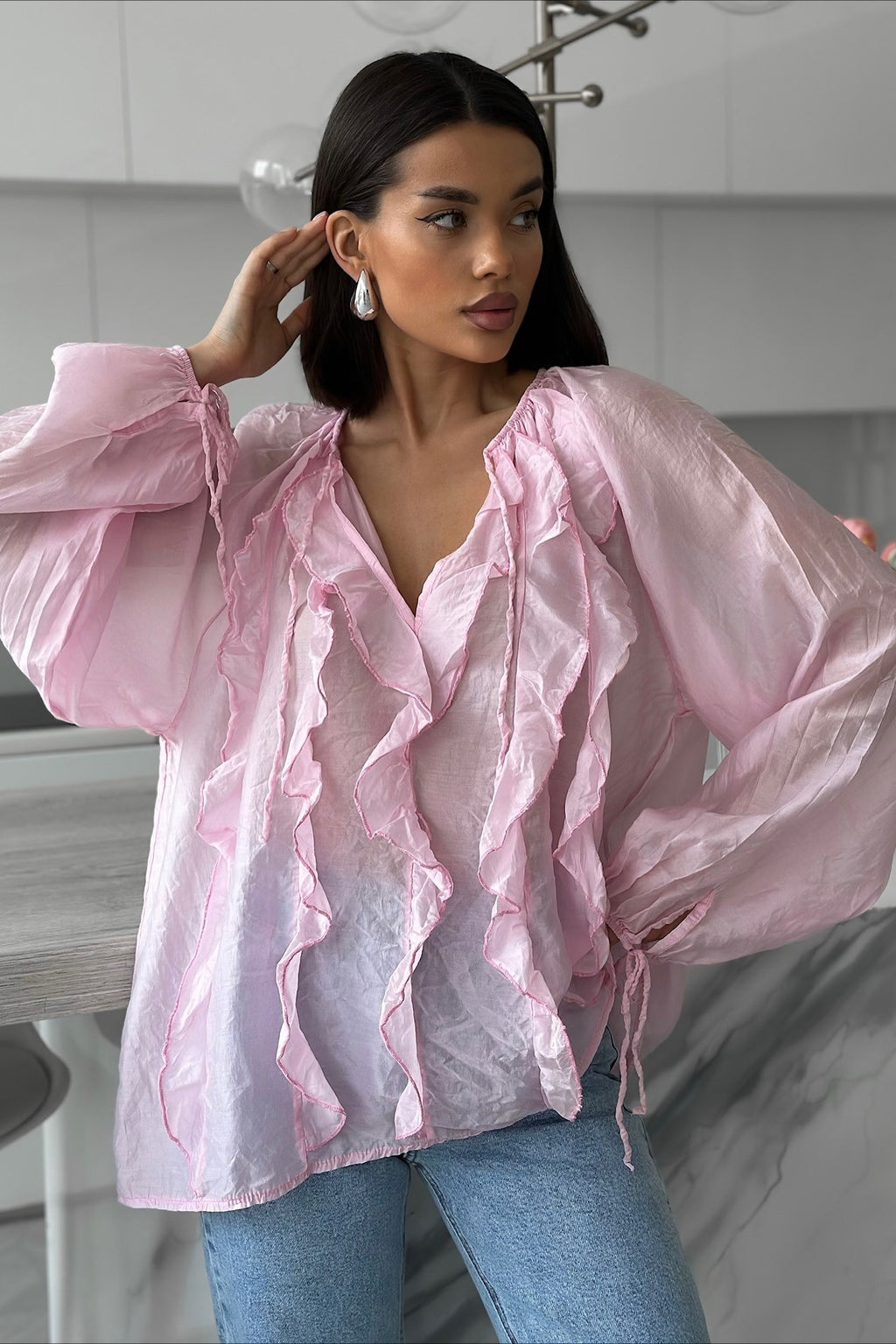 Ruffle Front Balloon Sleeve Loose Fit Blouse