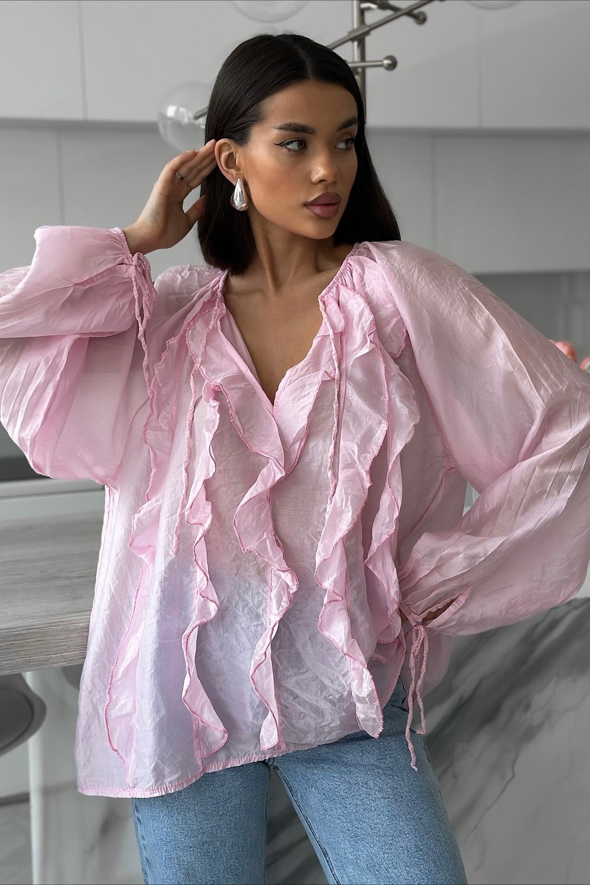 Ruffle Front Balloon Sleeve Loose Fit Blouse