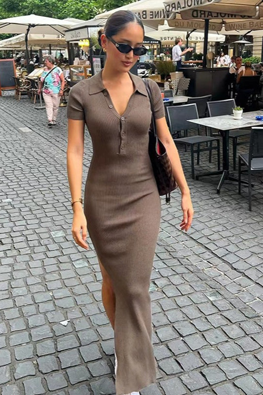 Elegant  Lapel Short Sleeve Split Hem Sweater Dress Main image