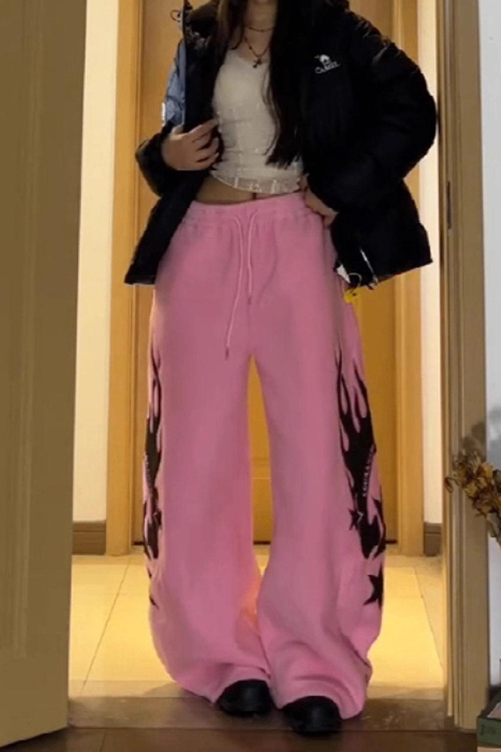 Flame Print Sherpa Drawstring Curved Leg Pants