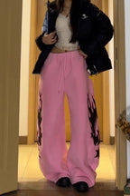 Flame Print Sherpa Drawstring Curved Leg Pants