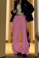 Flame Print Sherpa Drawstring Curved Leg Pants