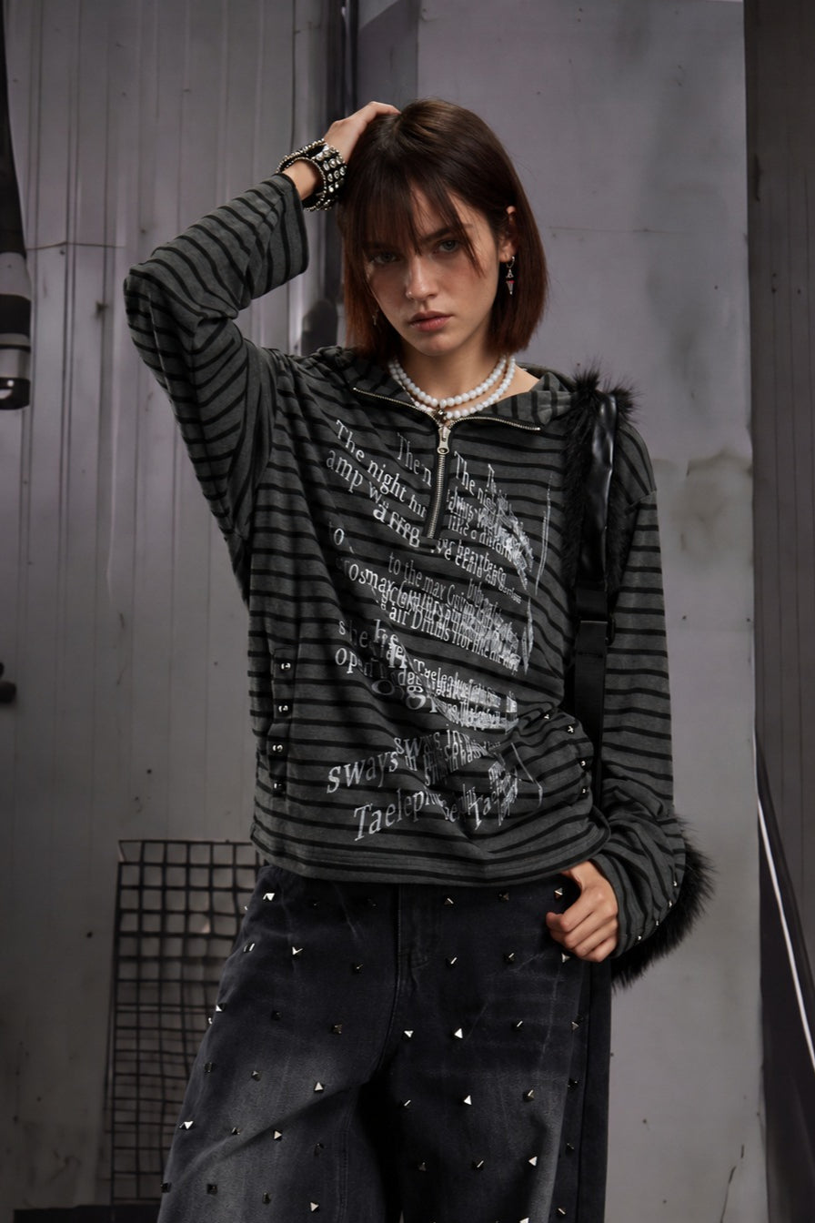 Striped Gothic Graphic Half Zip Hoodie