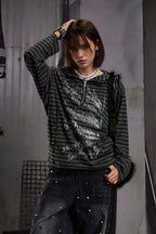 Striped Gothic Graphic Half Zip Hoodie