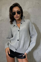 High Collar Button Front Relaxed Cardigan Sweater