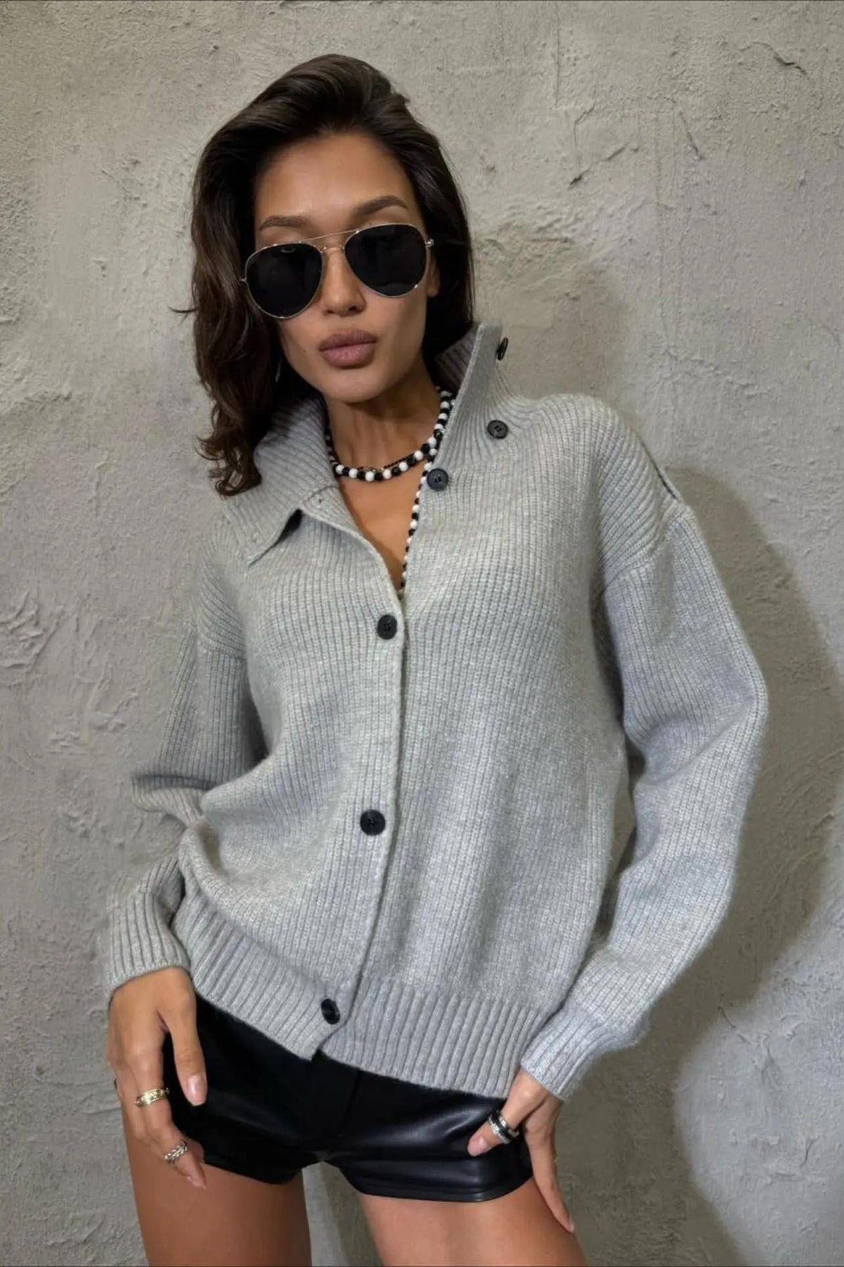 High Collar Button Front Relaxed Cardigan Sweater