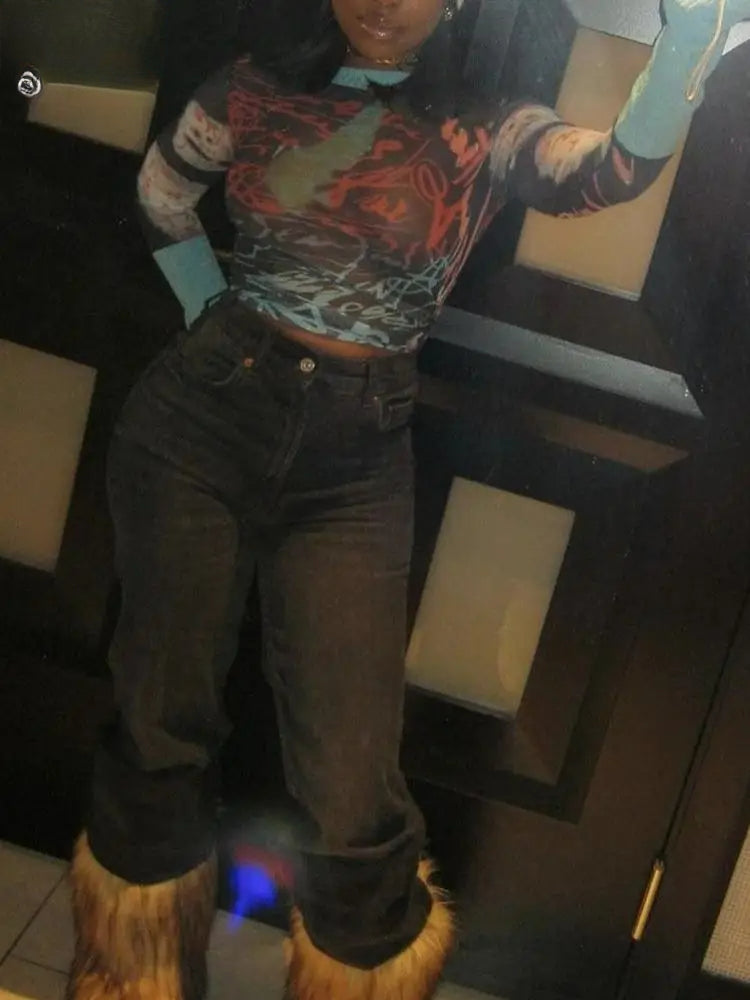 Print Mesh Long Sleeve Sheer Top Secondary image