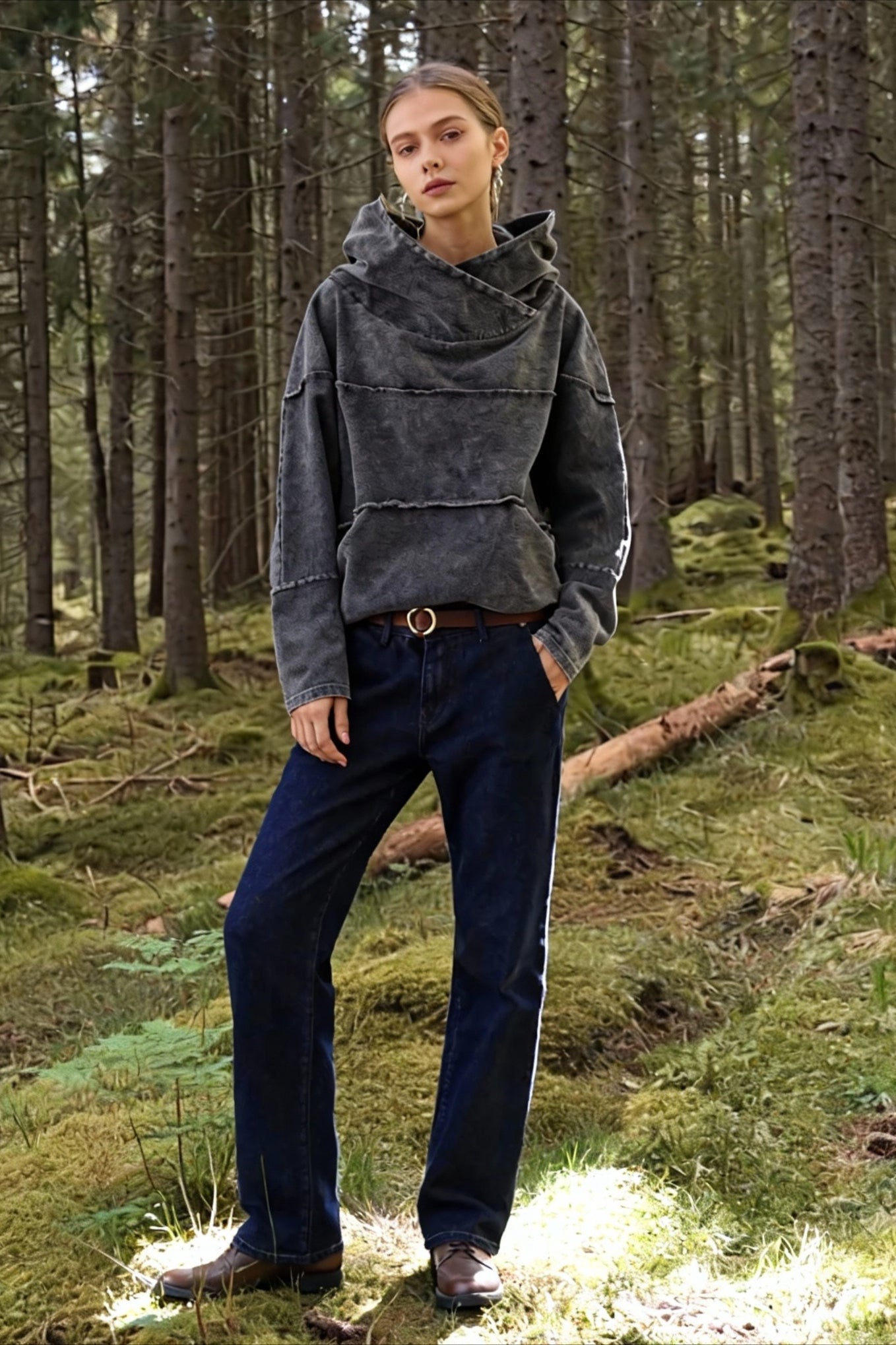 Hooded Effect Color Denim Washed Solid Sweatshirt Main image