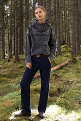 Hooded Effect Color Denim Washed Solid Sweatshirt