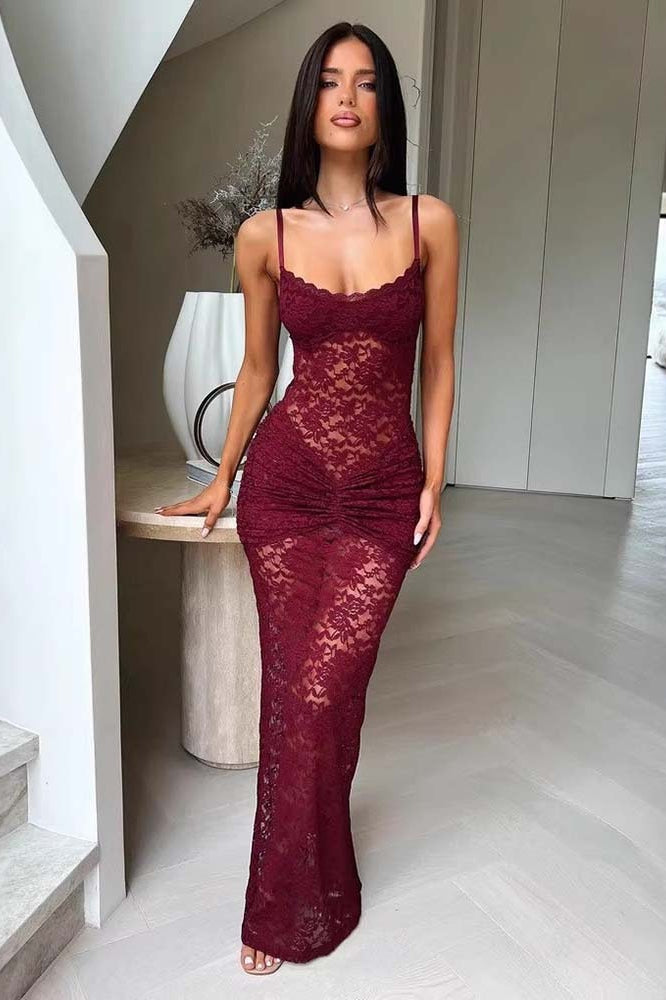 Lace Off-Shoulder Spaghetti Open Slit Slim Lace Dress Secondary image