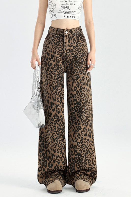 Leopard Print High Waist Fleece Lined Wide Leg Straight Jeans Main image
