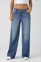 Asymmetric Button Low Rise Wide Leg Jeans
