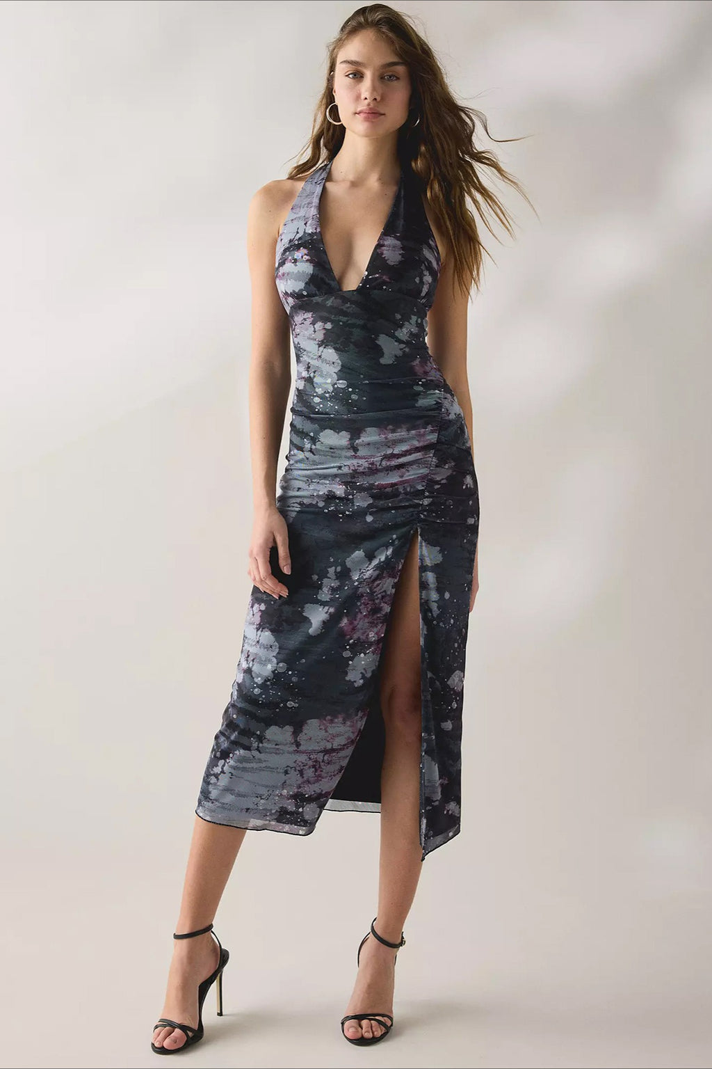 Printed Mesh Halter Side Ruched Slit Midi Dress