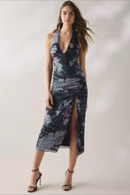 Printed Mesh Halter Side Ruched Slit Midi Dress