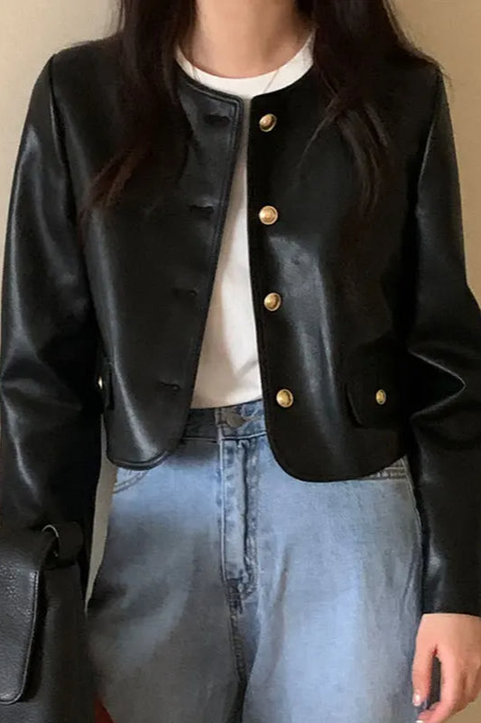 Retro O-Neck PU Leather Jacket Secondary image