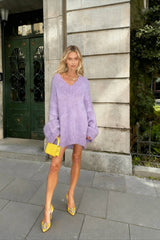 Elegant Purple Deep V Neck Knitted Pullover Casual Long Sleeves Loose Sweater
