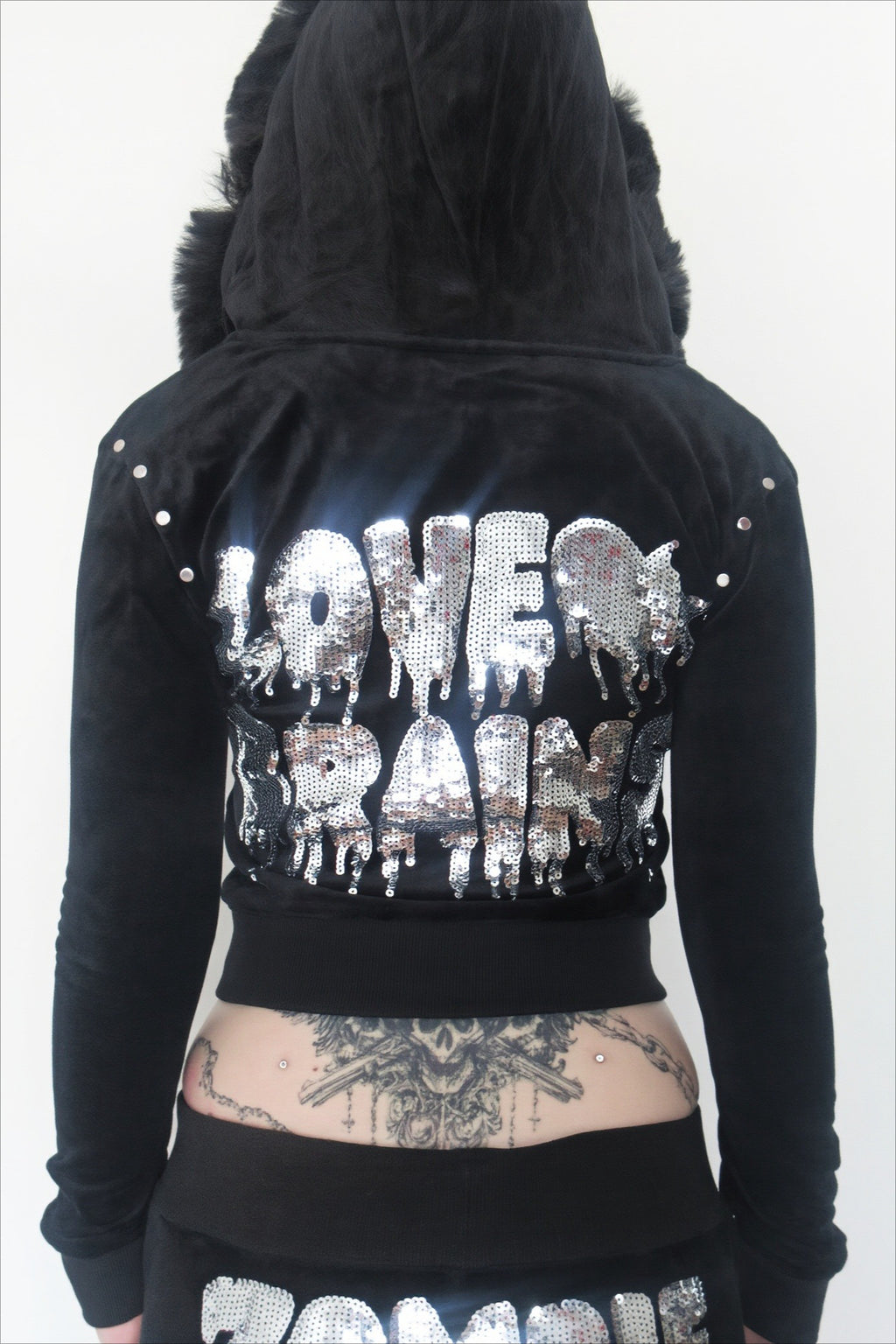 Velvet Rhinestone Fur Trim Zip Hoodie