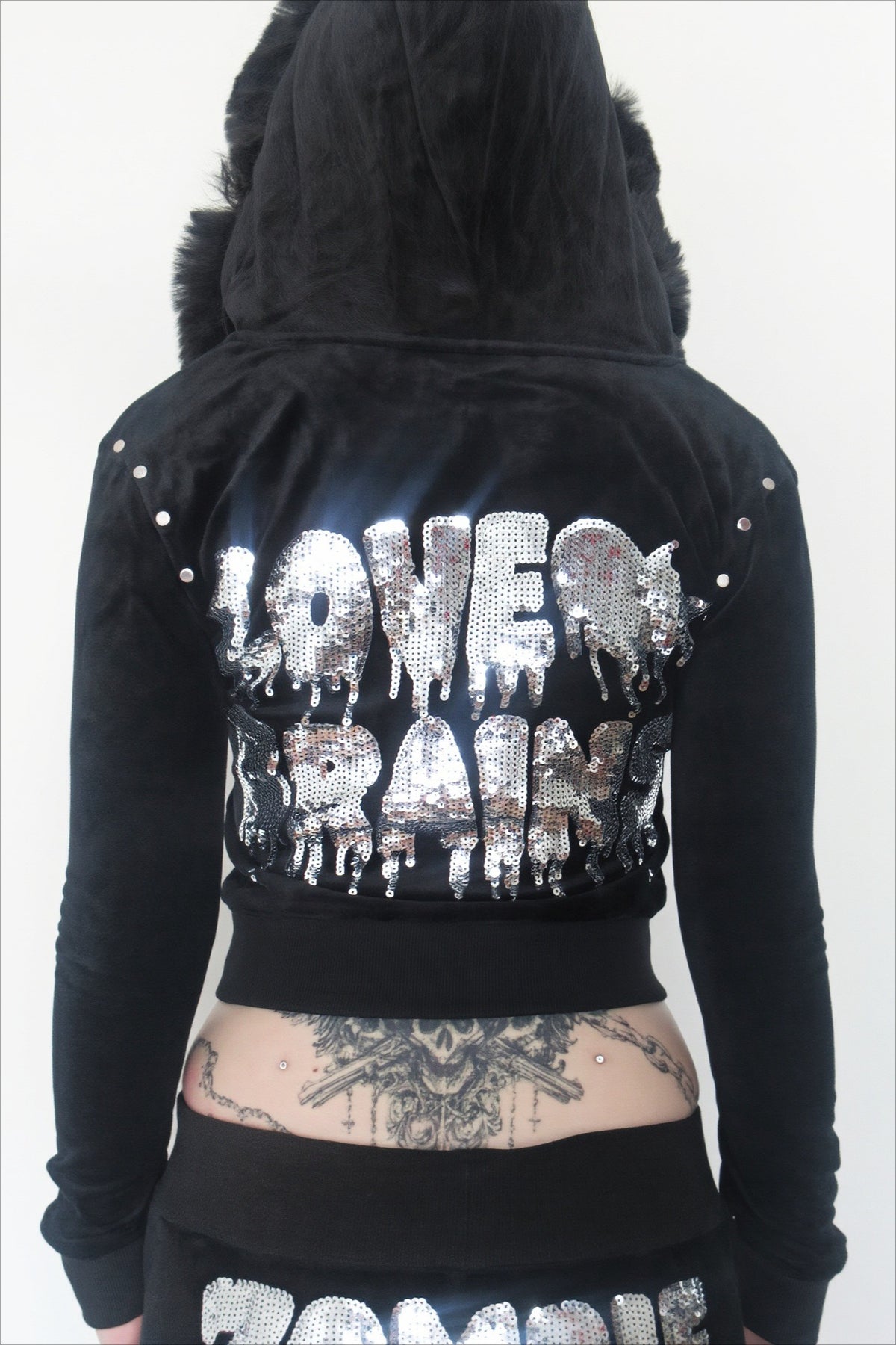 Velvet Rhinestone Fur Trim Zip Hoodie