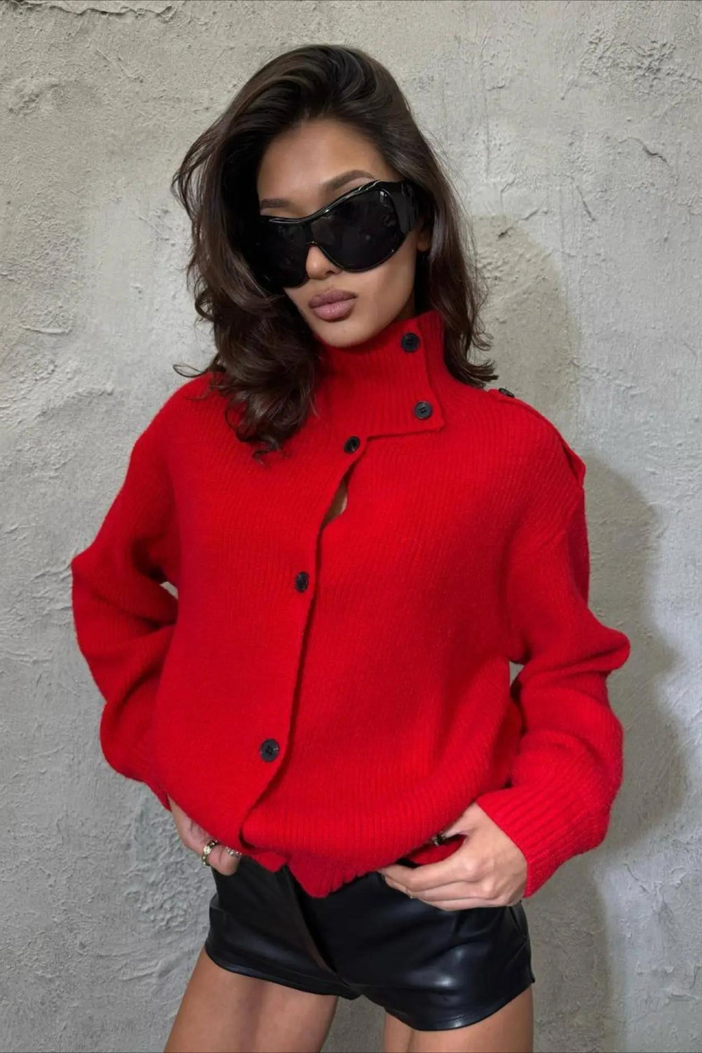 High Collar Button Front Relaxed Cardigan Sweater