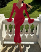 Flare Sleeve Ruched Ruffle Maxi Dress
